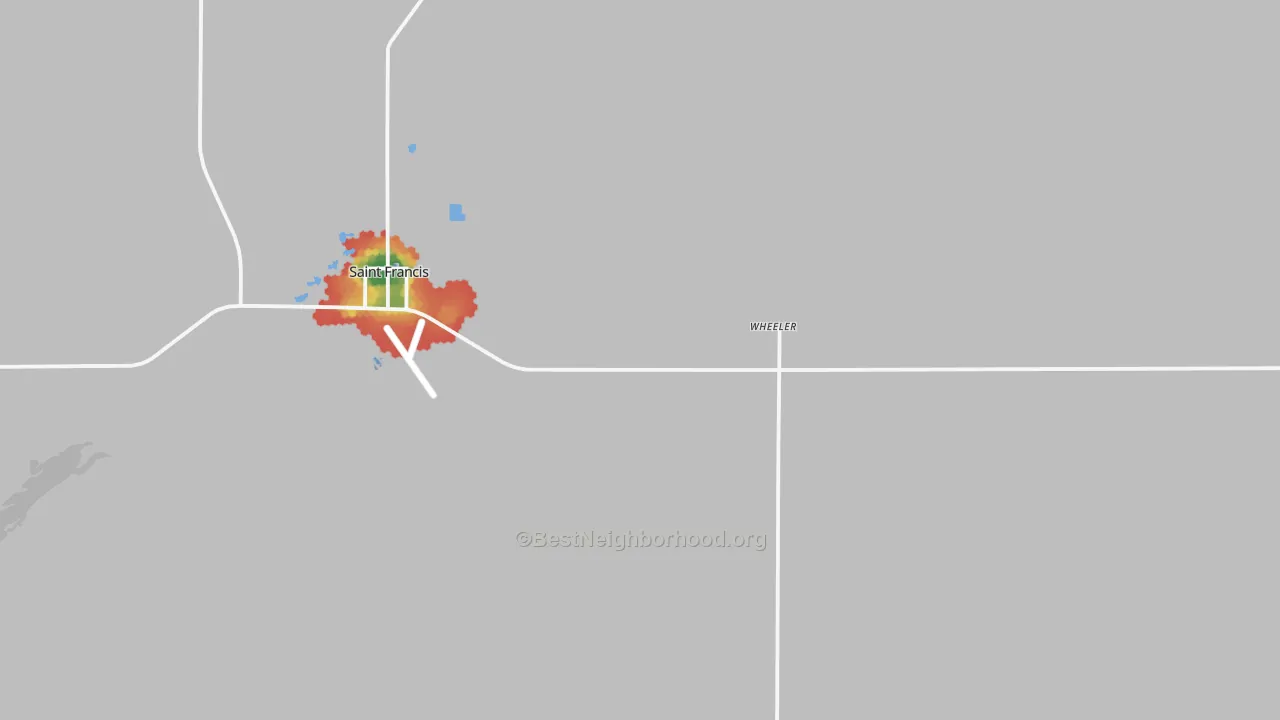 Walk Grade map of Wheeler, KS, walkable areas in green and car-dependent areas in red