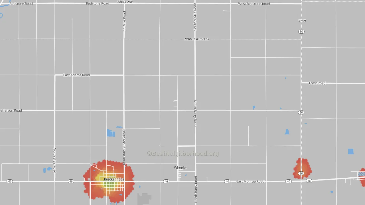 Walk Grade map of Wheeler, MI, walkable areas in green and car-dependent areas in red