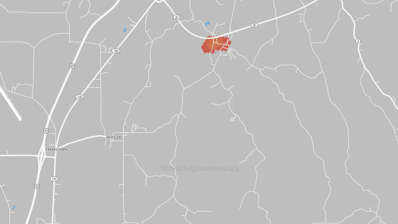 Walk Grade map of Wheeler, MS, walkable areas in green and car-dependent areas in red