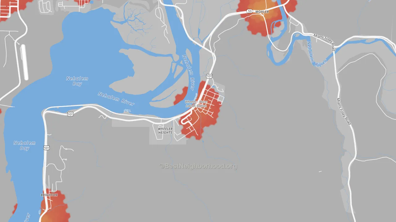 Walk Grade map of Wheeler, OR, walkable areas in green and car-dependent areas in red
