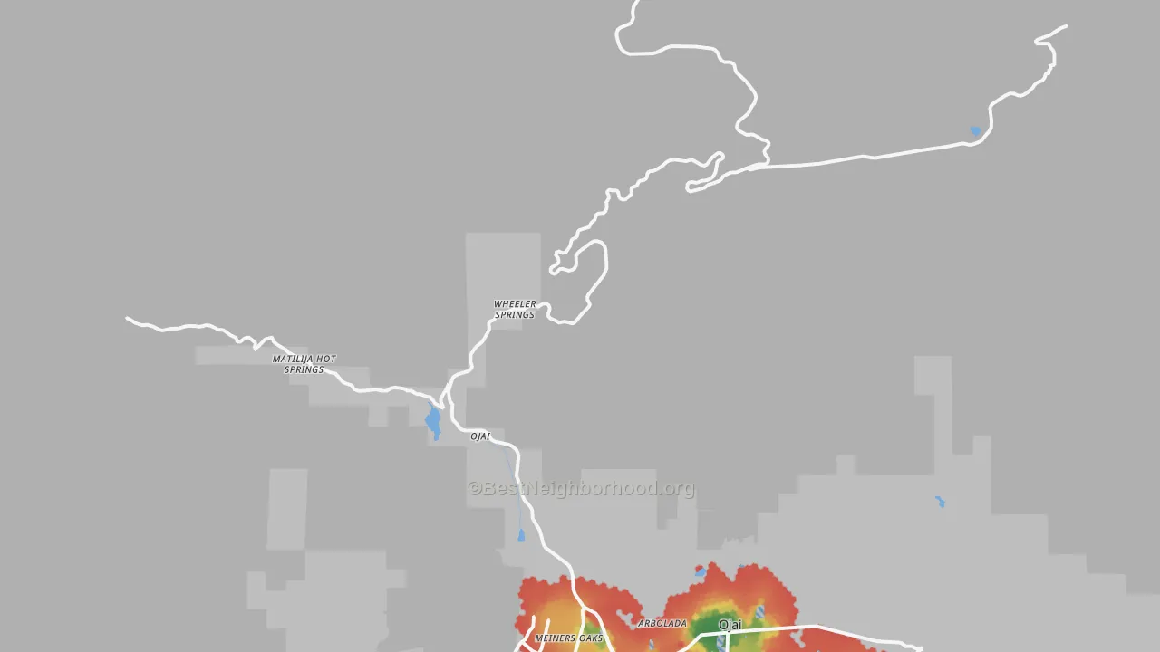 Walk Grade map of Wheeler Springs, CA, walkable areas in green and car-dependent areas in red