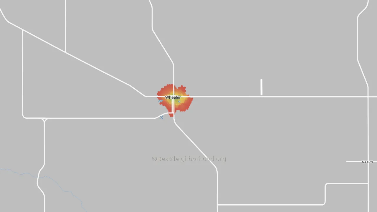 Walk Grade map of Wheeler, TX, walkable areas in green and car-dependent areas in red