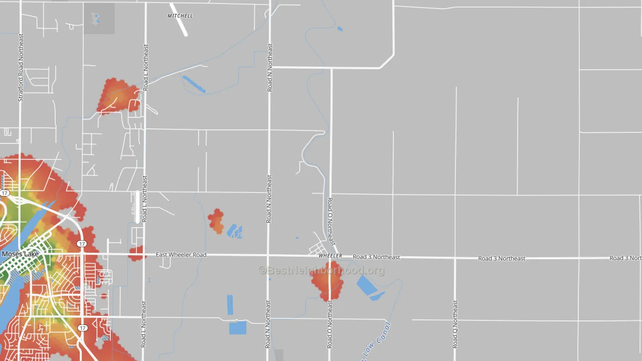 Walk Grade map of Wheeler, WA, walkable areas in green and car-dependent areas in red