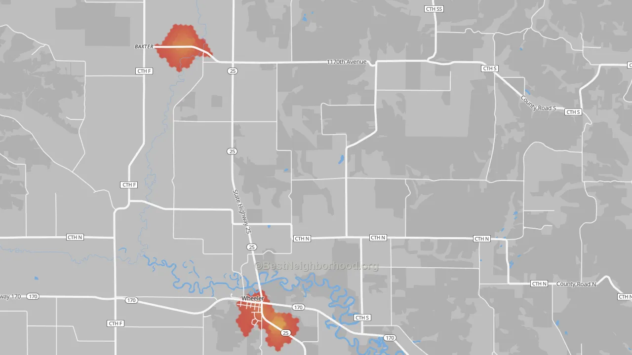 Walk Grade map of Wheeler, WI, walkable areas in green and car-dependent areas in red