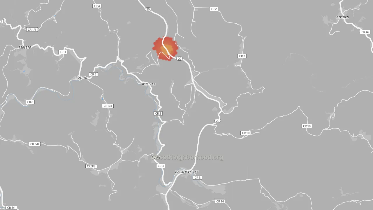 Walk Grade map of Wheeler, WV, walkable areas in green and car-dependent areas in red