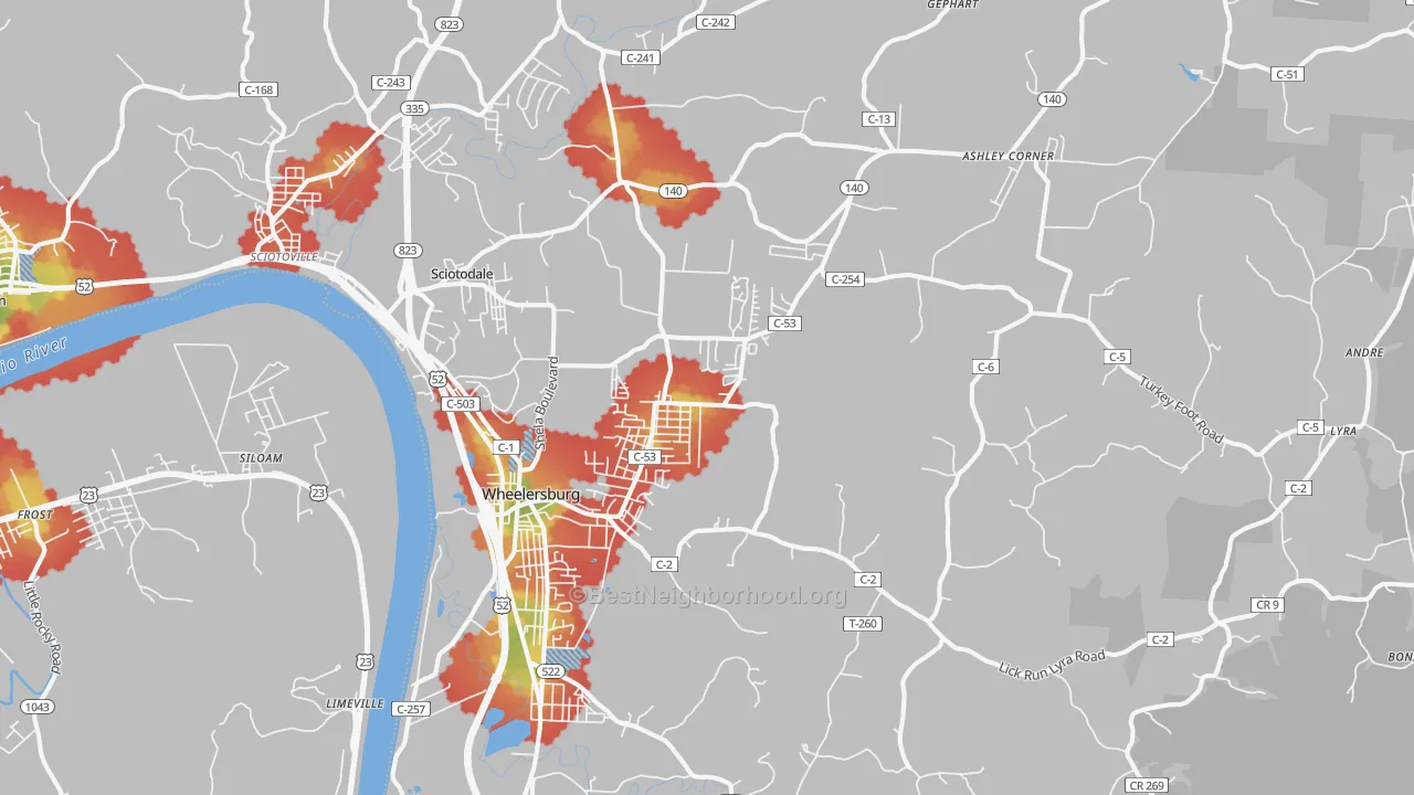 Walk Grade map of Wheelersburg, OH, walkable areas in green and car-dependent areas in red