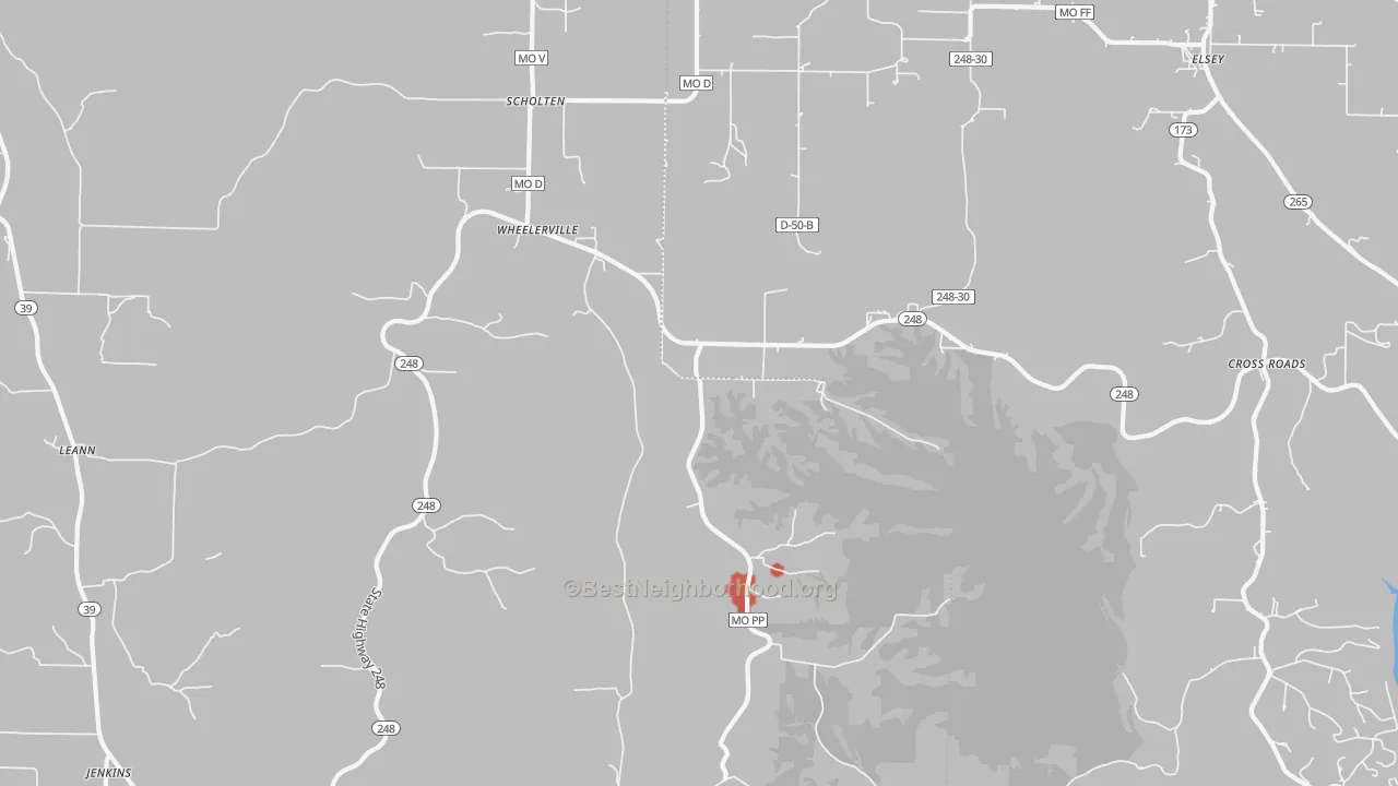 Walk Grade map of Wheelerville, MO, walkable areas in green and car-dependent areas in red