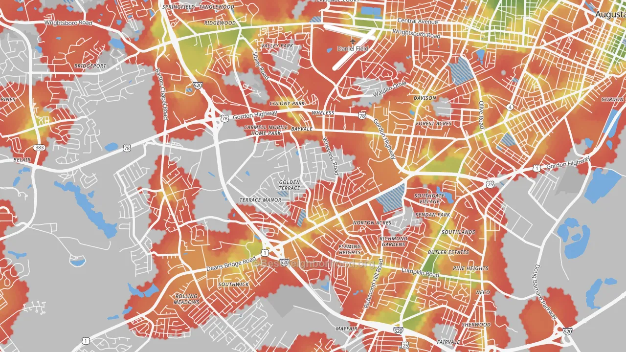 Walk Grade map of Wheeless Road, Augusta, GA, walkable areas in green and car-dependent areas in red