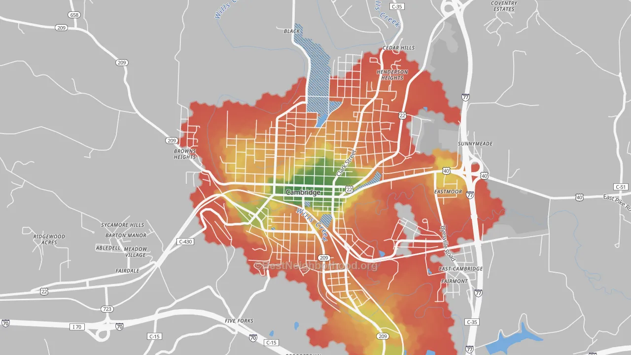 Walk Grade map of Wheeling Avenue Historic District, Cambridge, OH, walkable areas in green and car-dependent areas in red