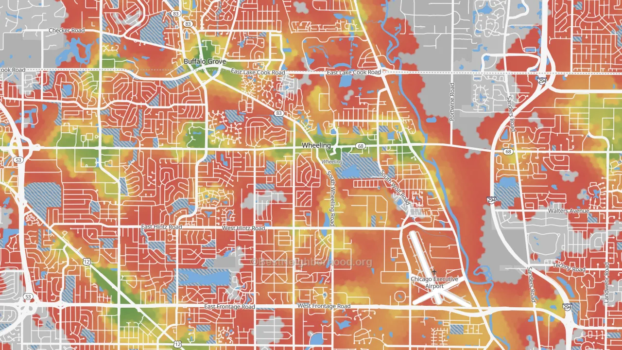 Walk Grade map of Wheeling, IL, walkable areas in green and car-dependent areas in red
