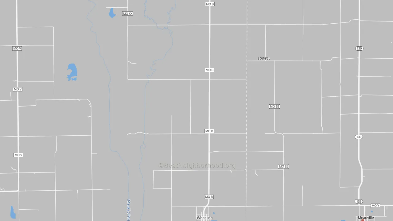 Walk Grade map of Wheeling, MO, walkable areas in green and car-dependent areas in red