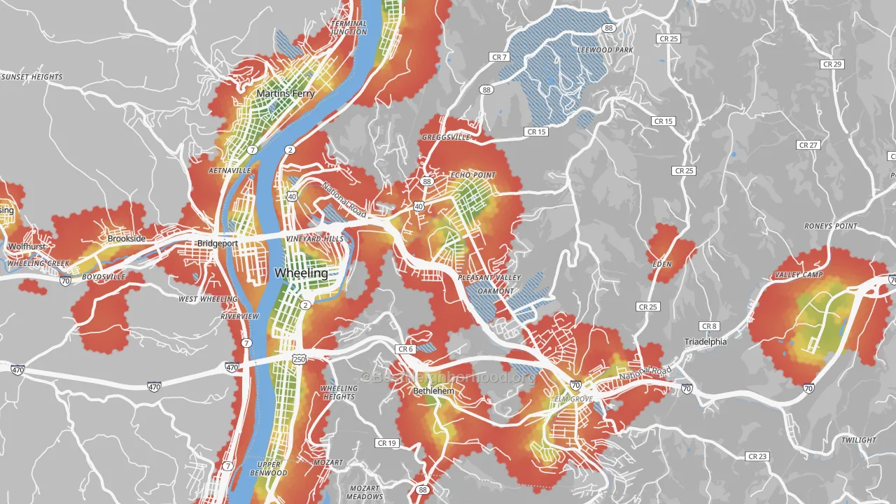 Walk Grade map of Wheeling, WV, walkable areas in green and car-dependent areas in red