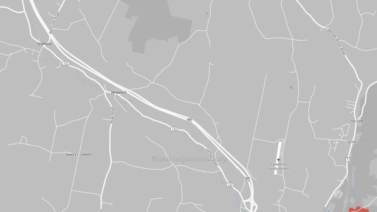 Walk Grade map of Wheelock, VT, walkable areas in green and car-dependent areas in red
