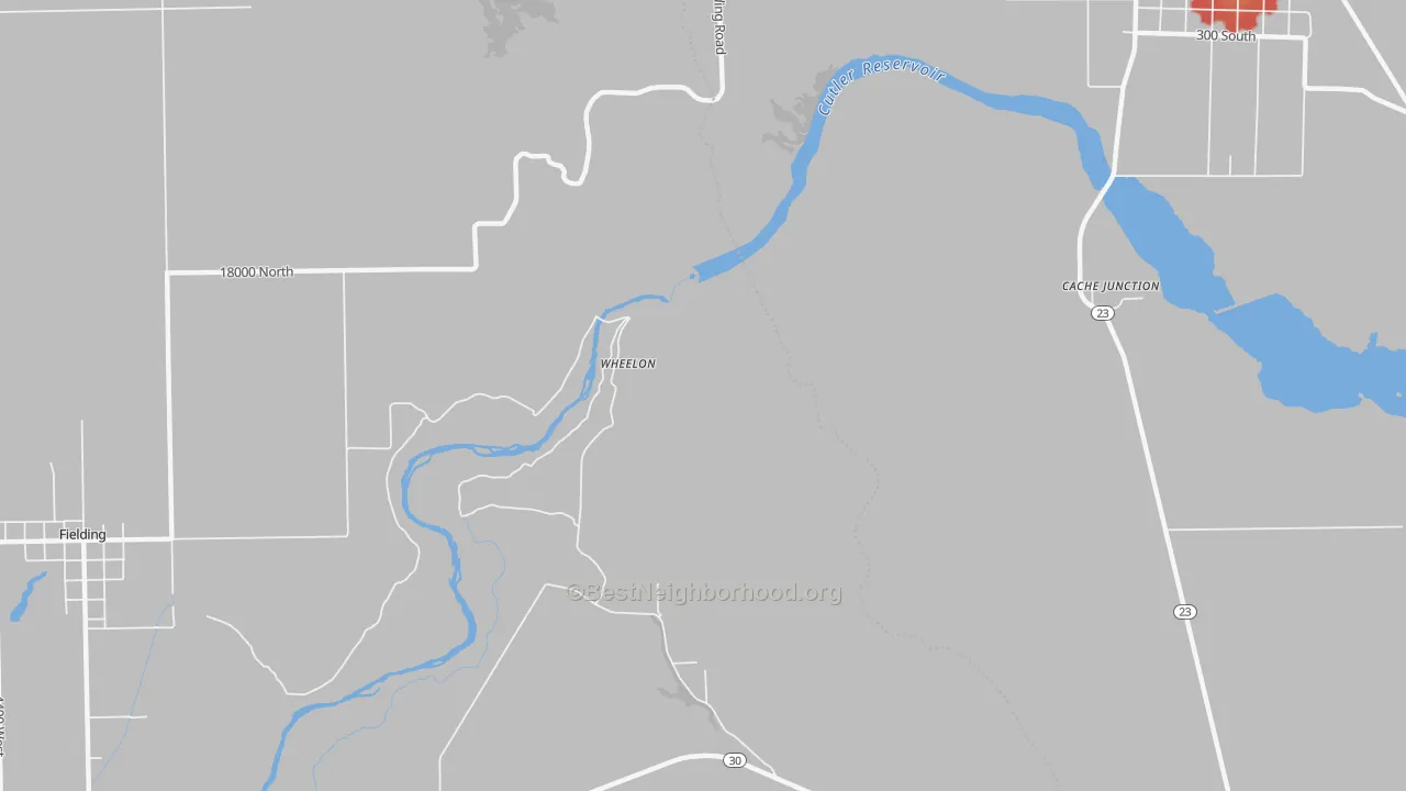 Walk Grade map of Wheelon, UT, walkable areas in green and car-dependent areas in red