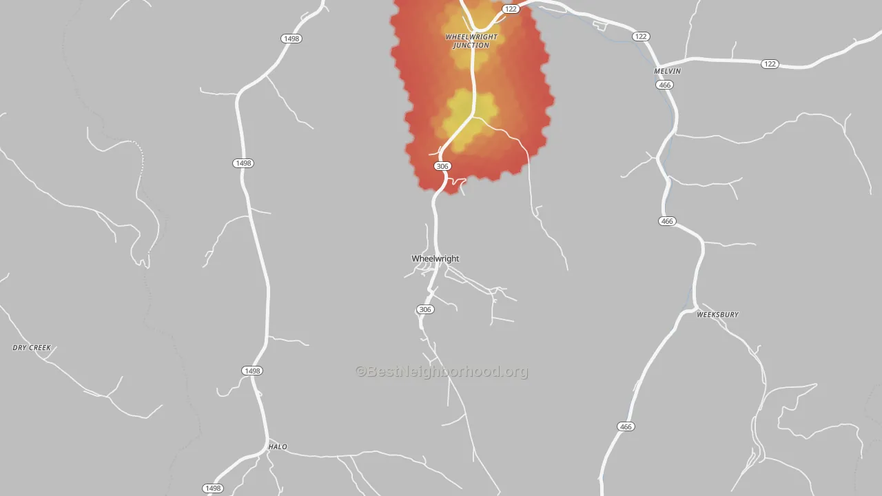 Walk Grade map of Wheelwright, KY, walkable areas in green and car-dependent areas in red