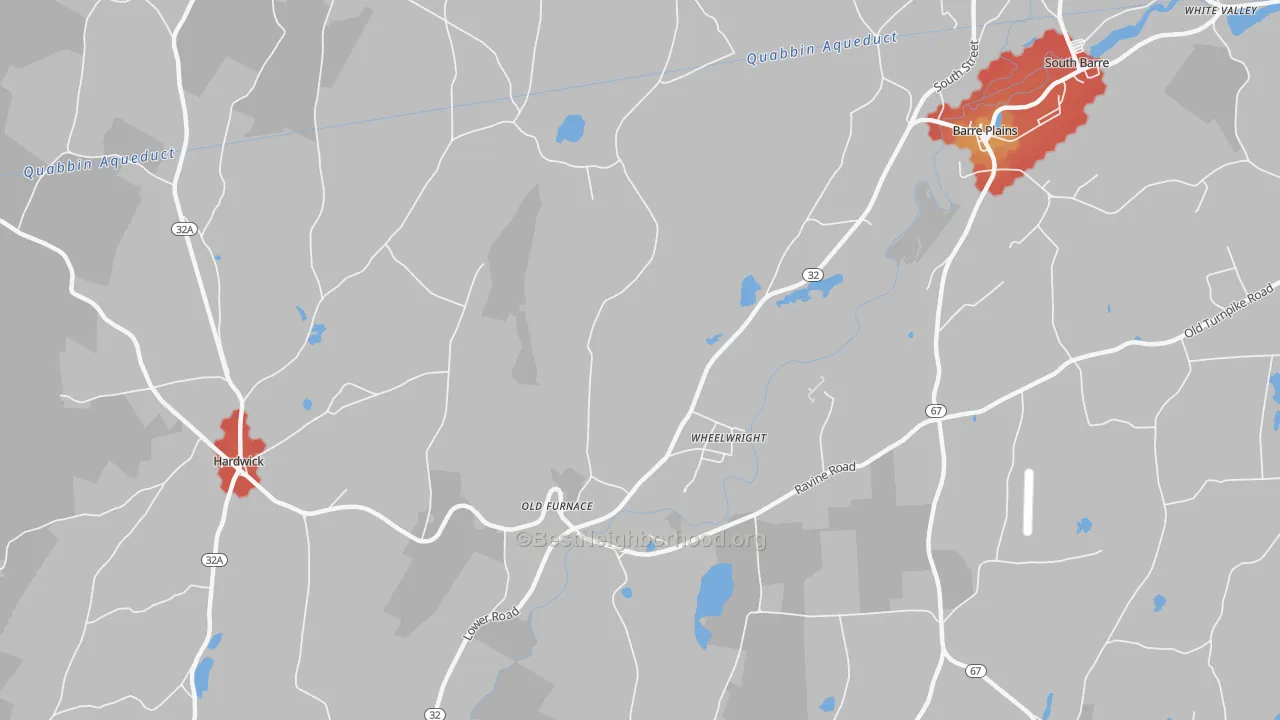 Walk Grade map of Wheelwright, MA, walkable areas in green and car-dependent areas in red