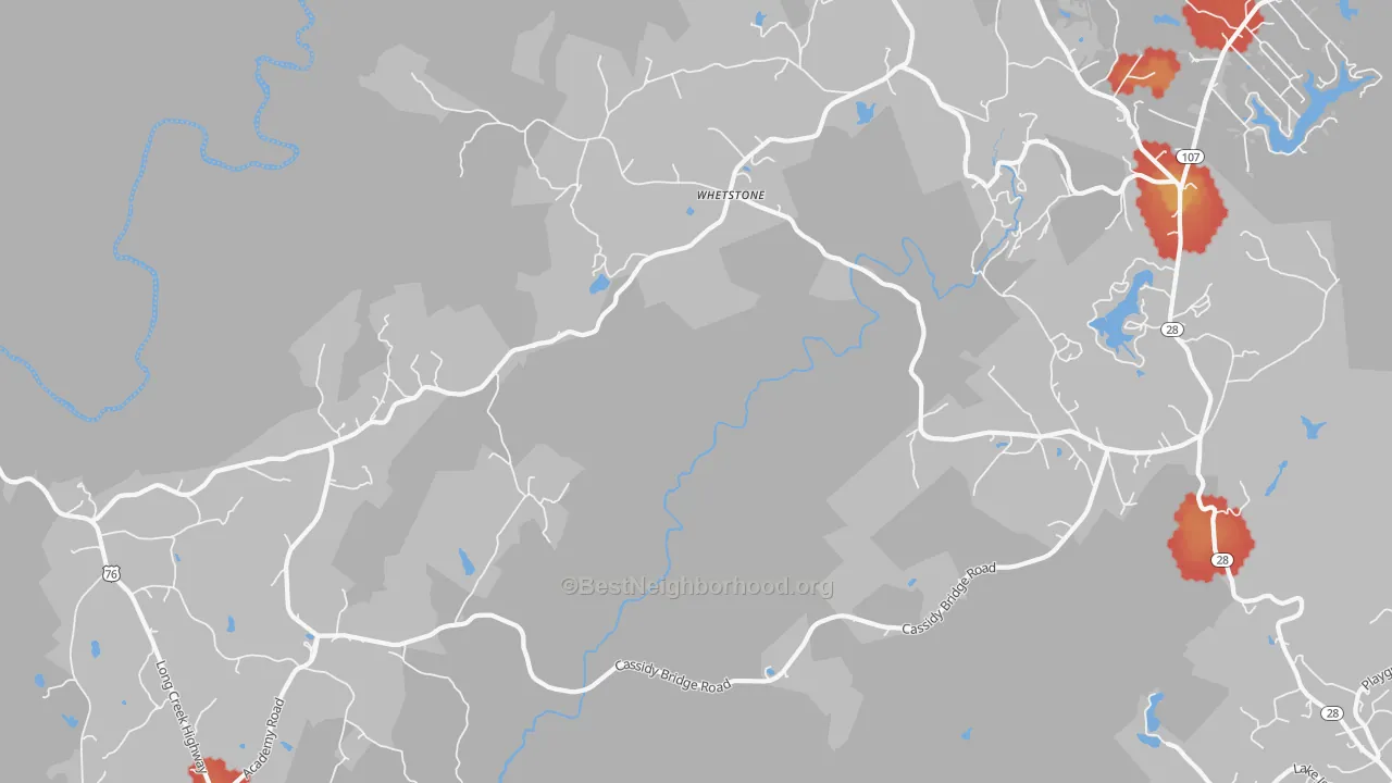 Walk Grade map of Whetstone, SC, walkable areas in green and car-dependent areas in red