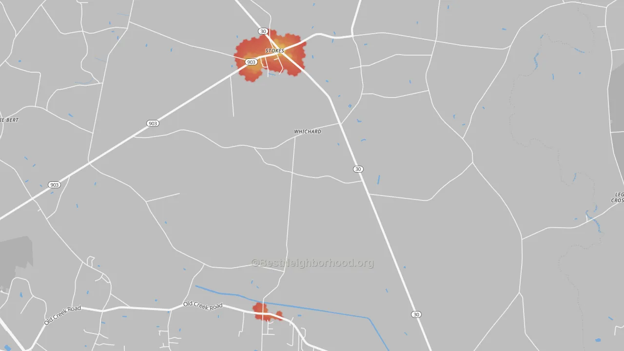 Walk Grade map of Whichard, NC, walkable areas in green and car-dependent areas in red