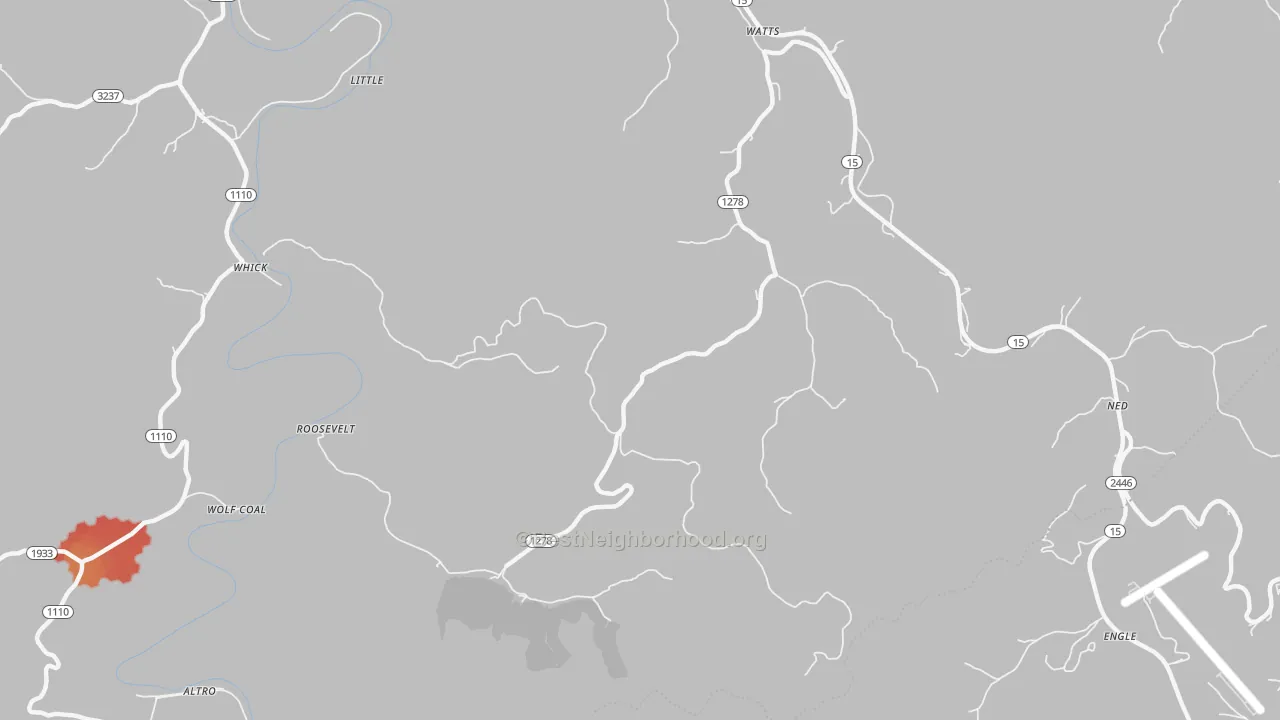 Walk Grade map of Whick, KY, walkable areas in green and car-dependent areas in red