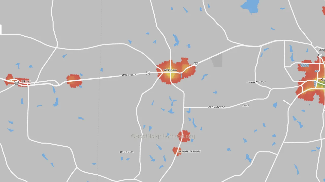 Walk Grade map of Whigham, GA, walkable areas in green and car-dependent areas in red