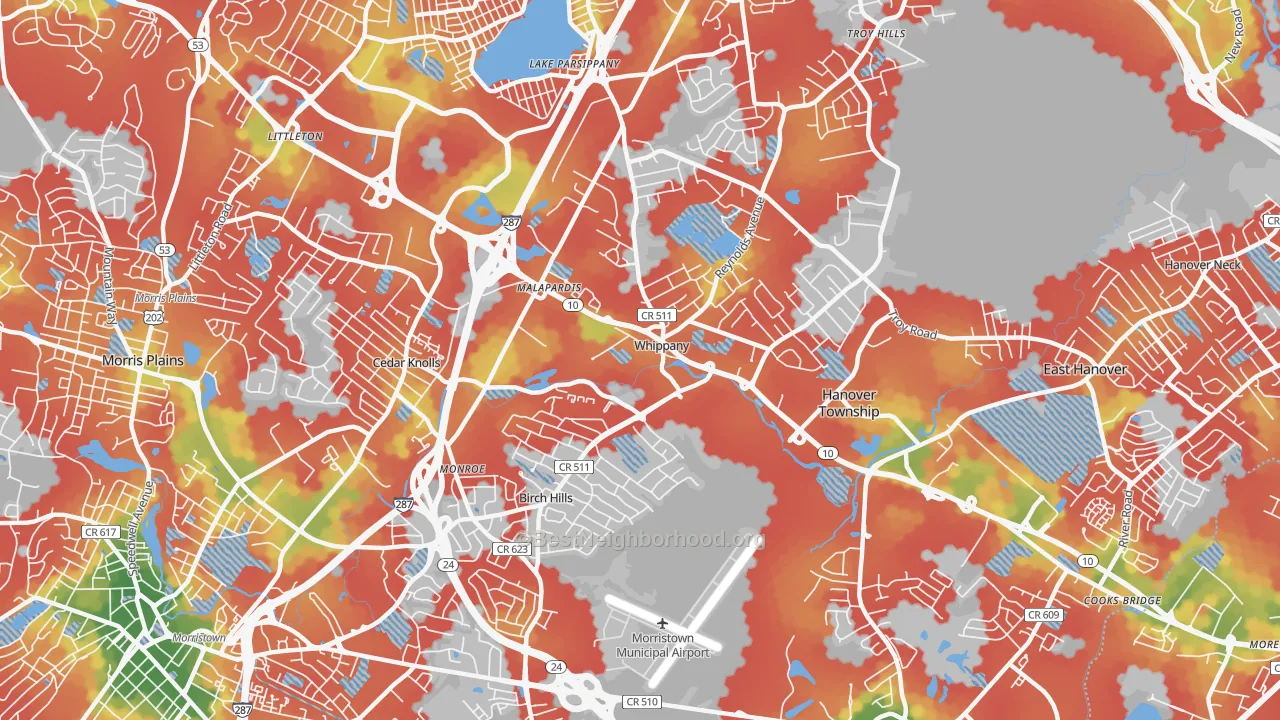 Walk Grade map of Whippany, NJ, walkable areas in green and car-dependent areas in red