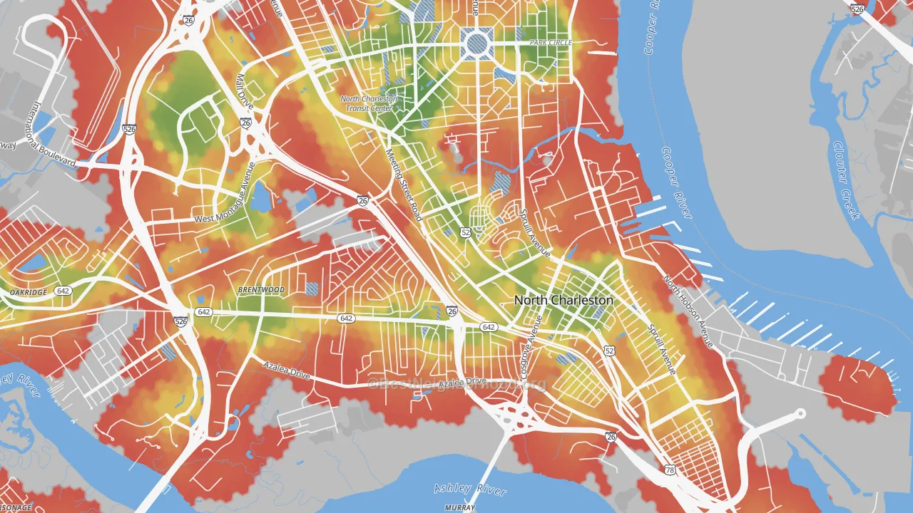 Walk Grade map of Whipper Barnoy, North Charleston, SC, walkable areas in green and car-dependent areas in red