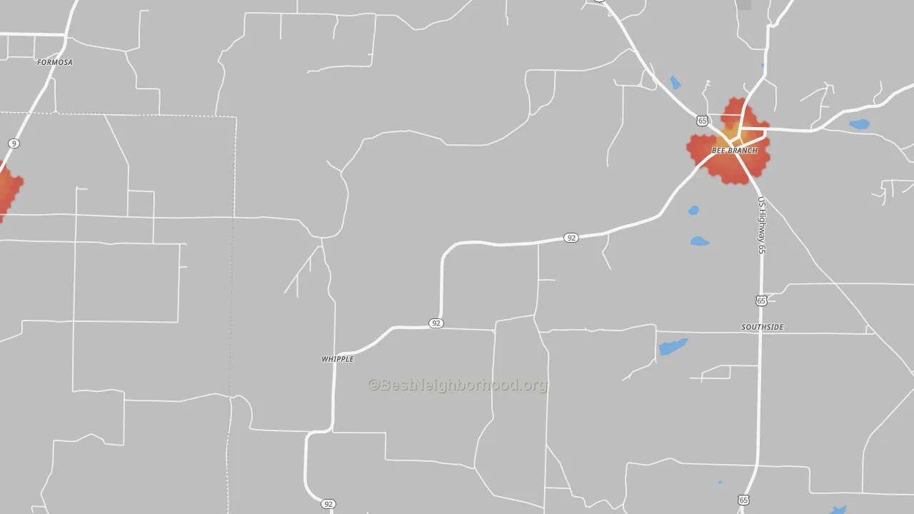 Walk Grade map of Whipple, AR, walkable areas in green and car-dependent areas in red