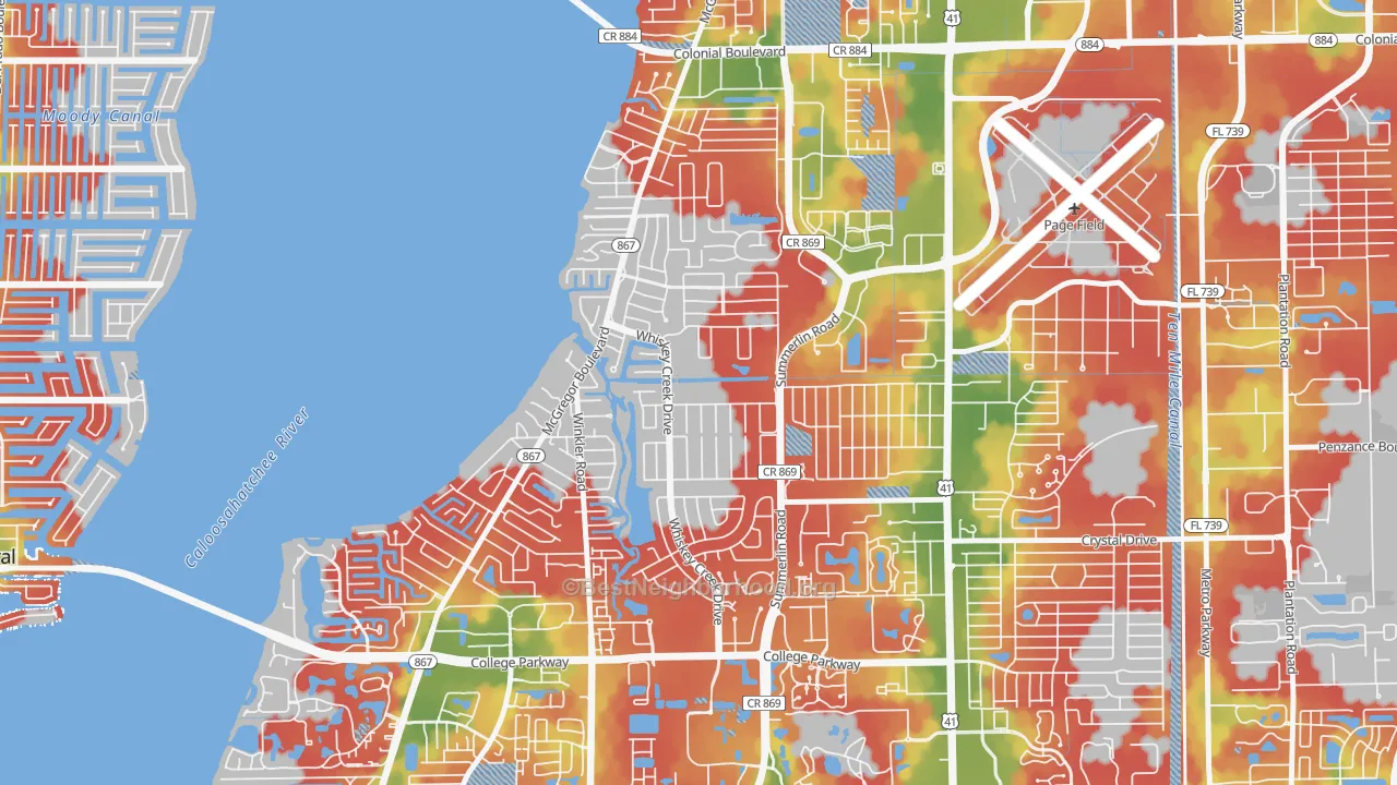 Walk Grade map of Whiskey Creek, FL, walkable areas in green and car-dependent areas in red