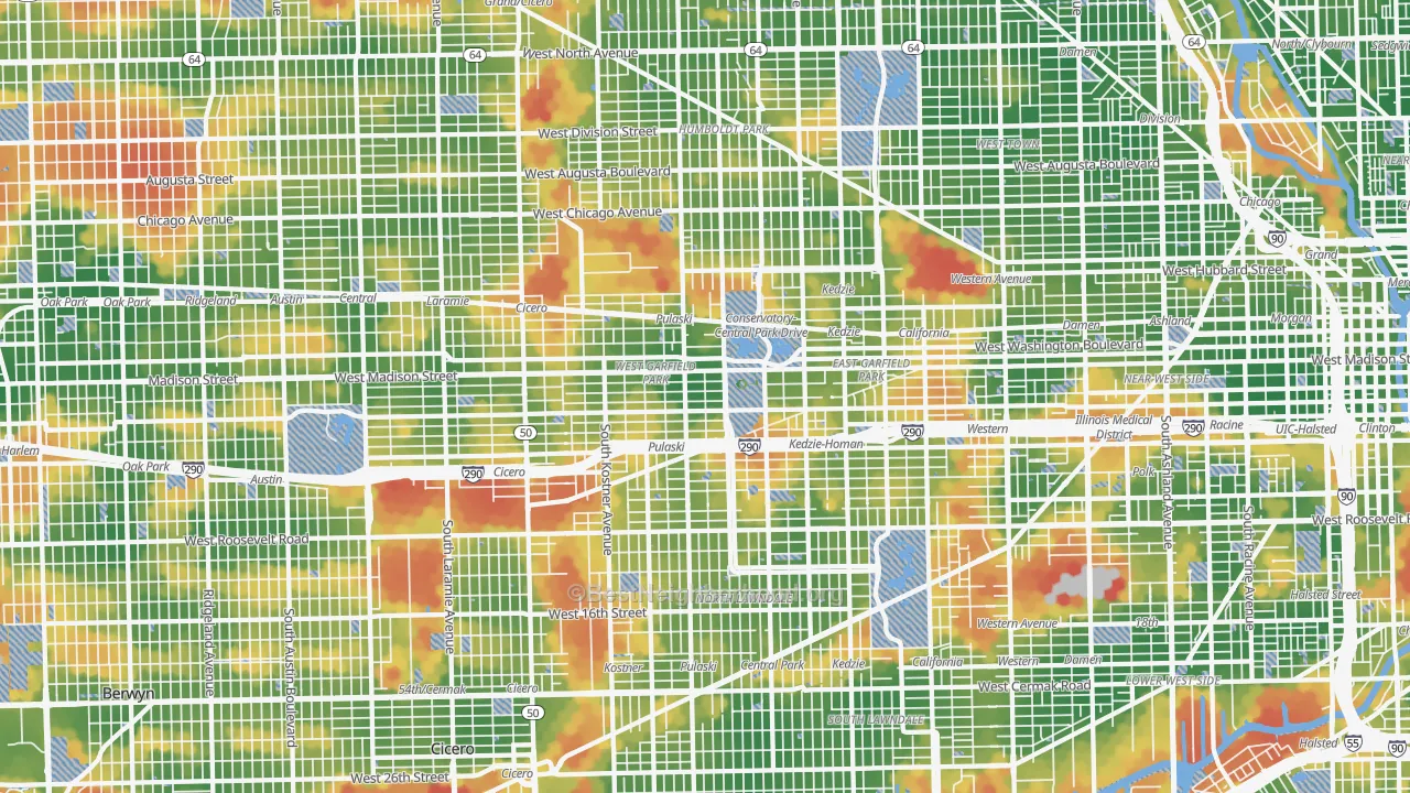 Walk Grade map of Whiskey Point, Chicago, IL, walkable areas in green and car-dependent areas in red