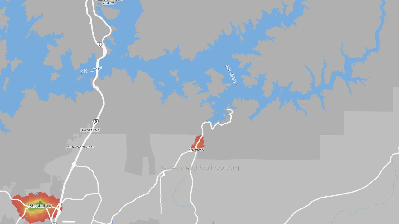 Walk Grade map of Whiskeytown, CA, walkable areas in green and car-dependent areas in red