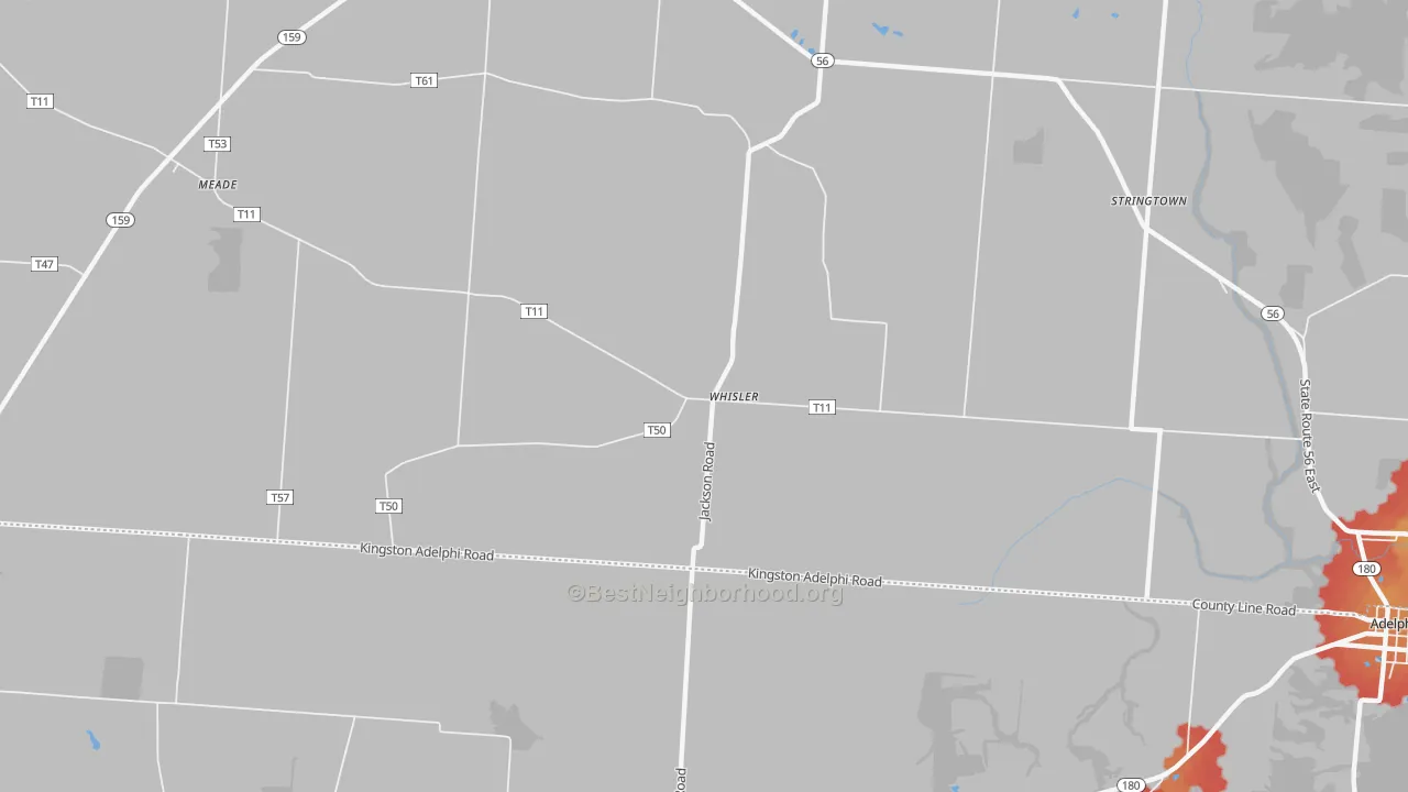 Walk Grade map of Whisler, OH, walkable areas in green and car-dependent areas in red