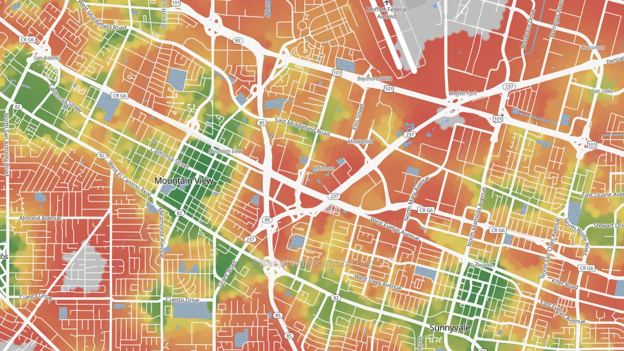 Walk Grade map of Whisman Station, Mountain View, CA, walkable areas in green and car-dependent areas in red