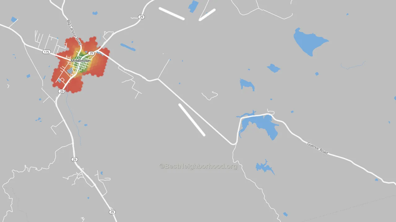 Walk Grade map of Whispering Pines, CA, walkable areas in green and car-dependent areas in red