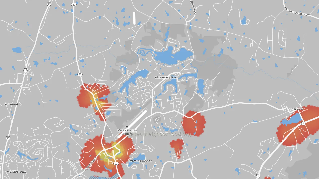 Walk Grade map of Whispering Pines, NC, walkable areas in green and car-dependent areas in red