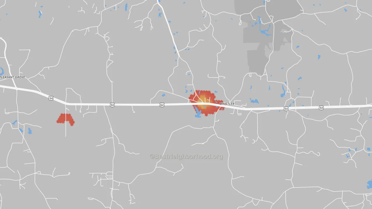 Walk Grade map of Whistler, MS, walkable areas in green and car-dependent areas in red