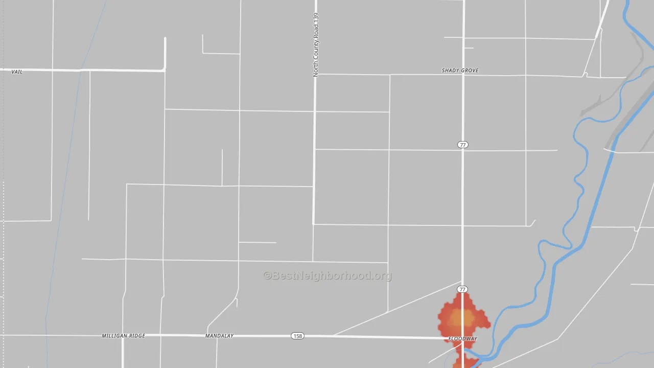 Walk Grade map of Whistleville, AR, walkable areas in green and car-dependent areas in red