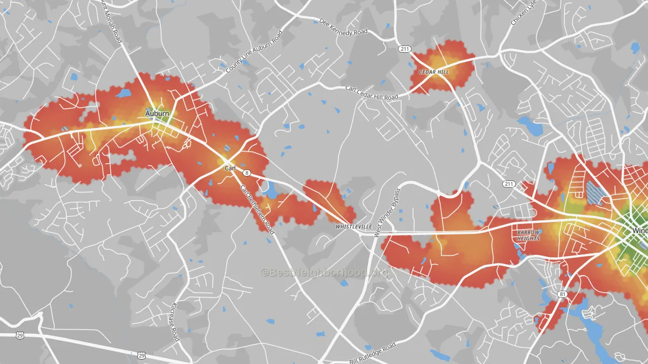 Walk Grade map of Whistleville, GA, walkable areas in green and car-dependent areas in red