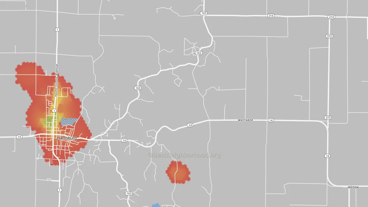 Walk Grade map of Whitaker, AR, walkable areas in green and car-dependent areas in red