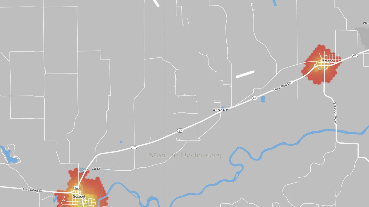 Walk Grade map of Whitaker, IN, walkable areas in green and car-dependent areas in red