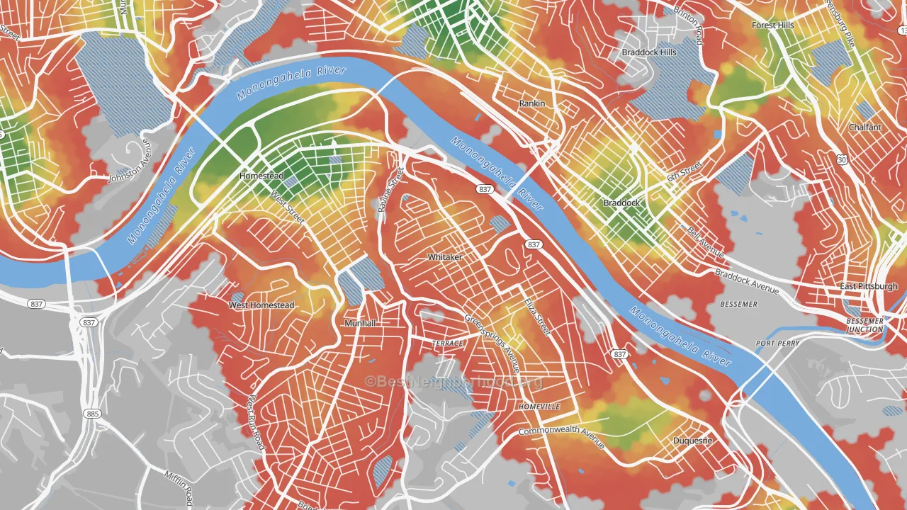 Walk Grade map of Whitaker, PA, walkable areas in green and car-dependent areas in red