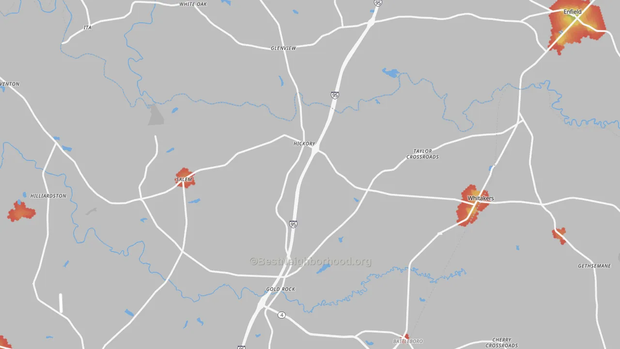 Walk Grade map of Whitakers, NC, walkable areas in green and car-dependent areas in red
