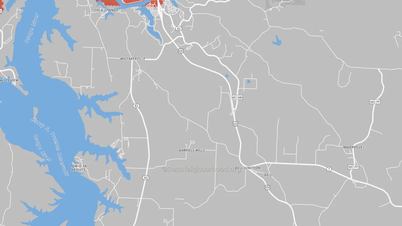 Walk Grade map of Whitakerville, MO, walkable areas in green and car-dependent areas in red