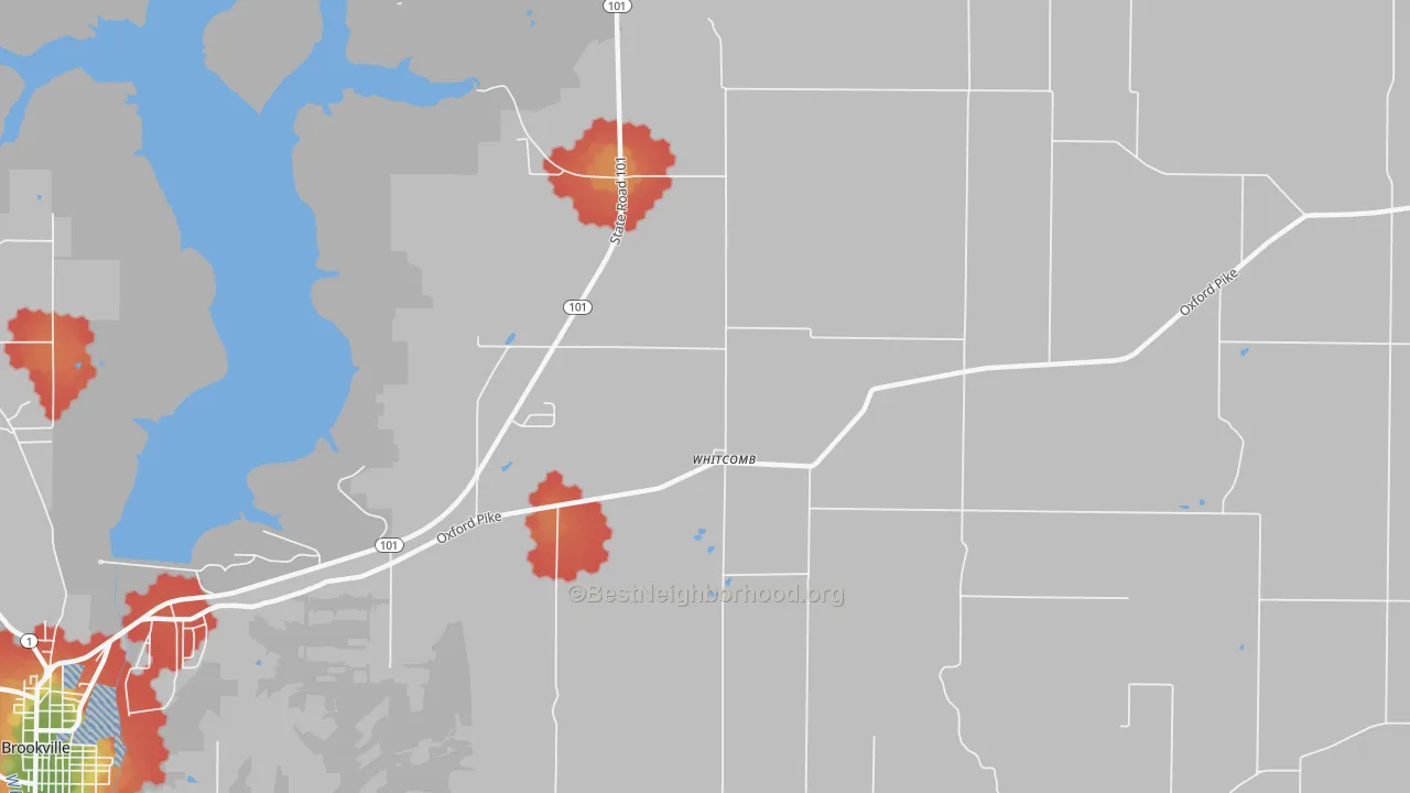 Walk Grade map of Whitcomb, IN, walkable areas in green and car-dependent areas in red