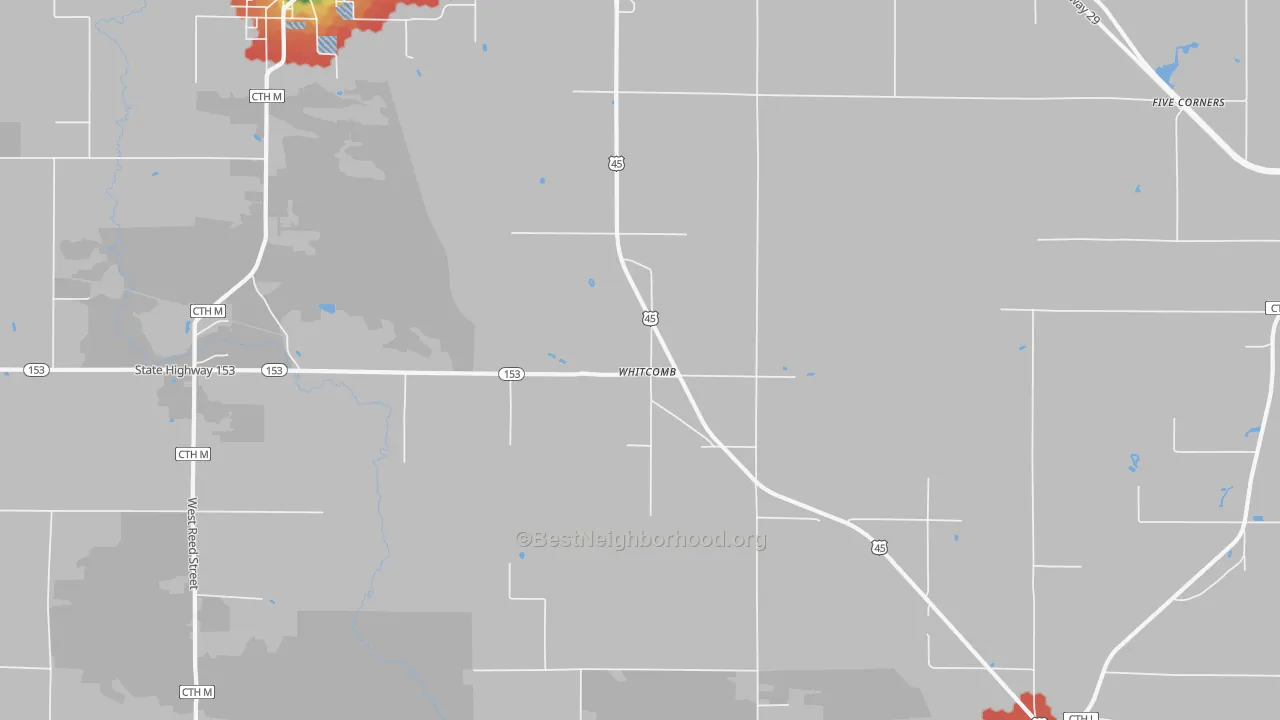 Walk Grade map of Whitcomb, WI, walkable areas in green and car-dependent areas in red