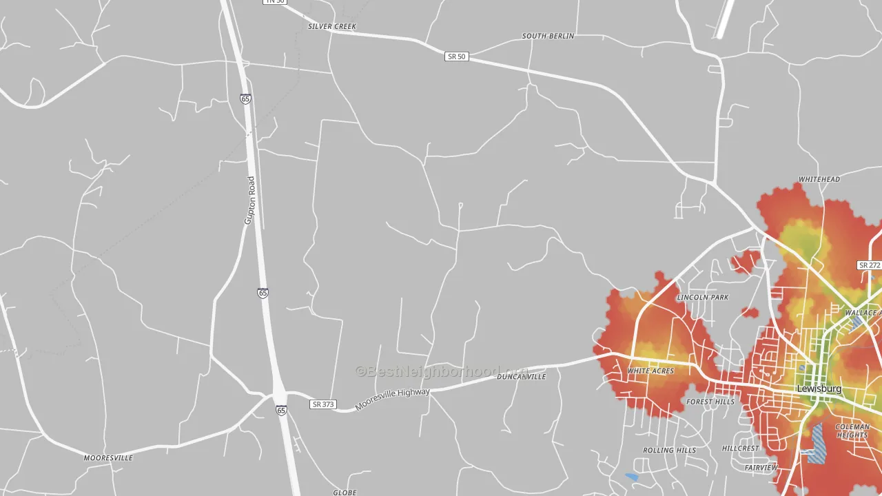 Walk Grade map of White Acres, TN, walkable areas in green and car-dependent areas in red