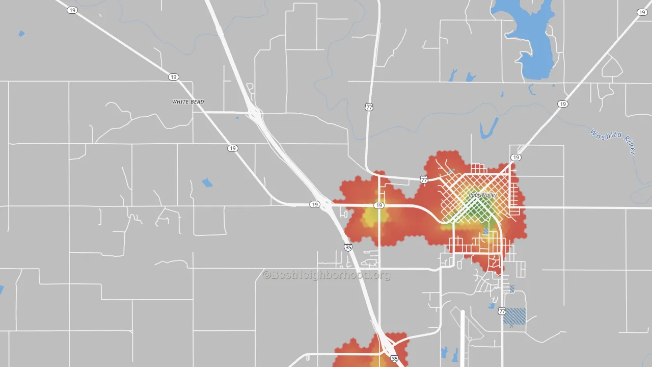 Walk Grade map of White Bead, OK, walkable areas in green and car-dependent areas in red