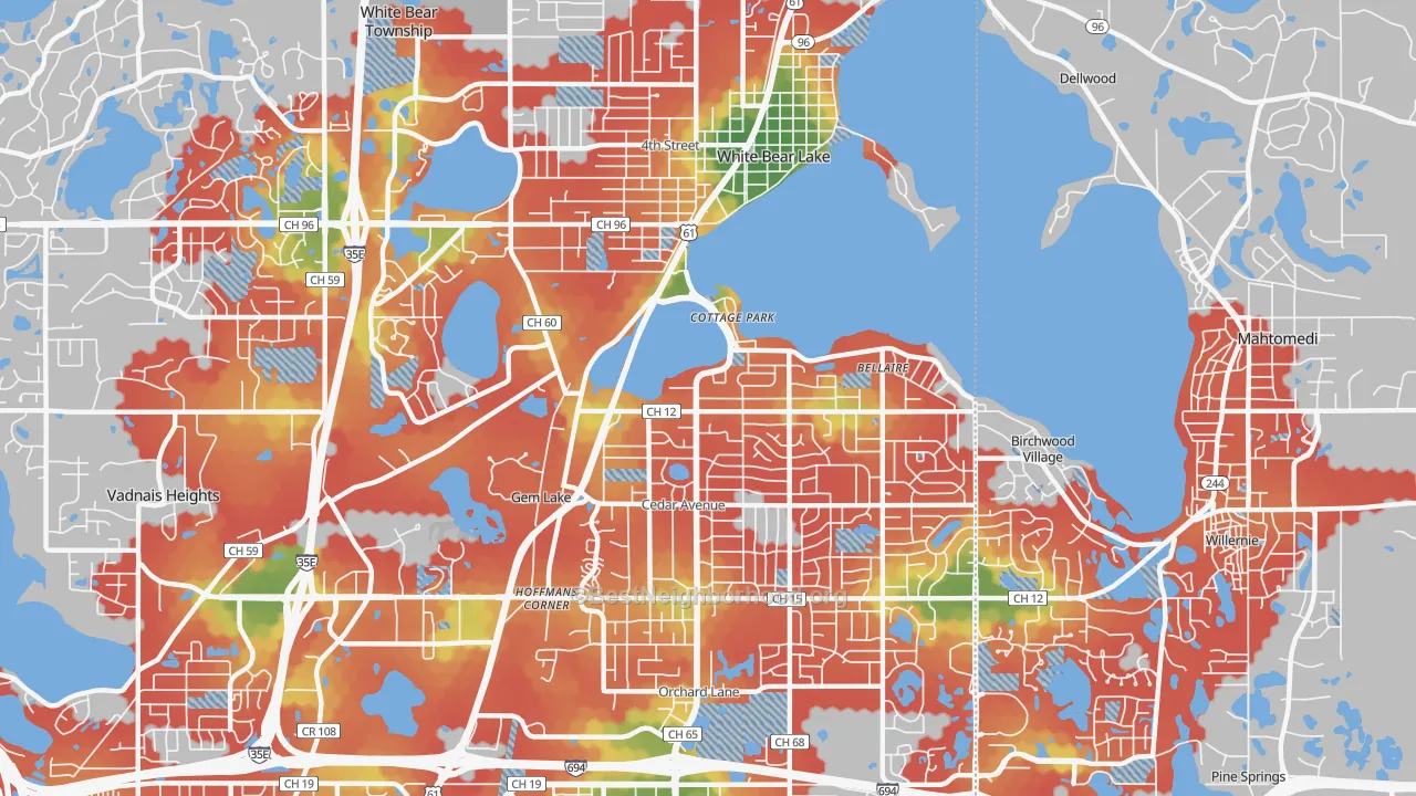 Walk Grade map of White Bear Lake, MN, walkable areas in green and car-dependent areas in red