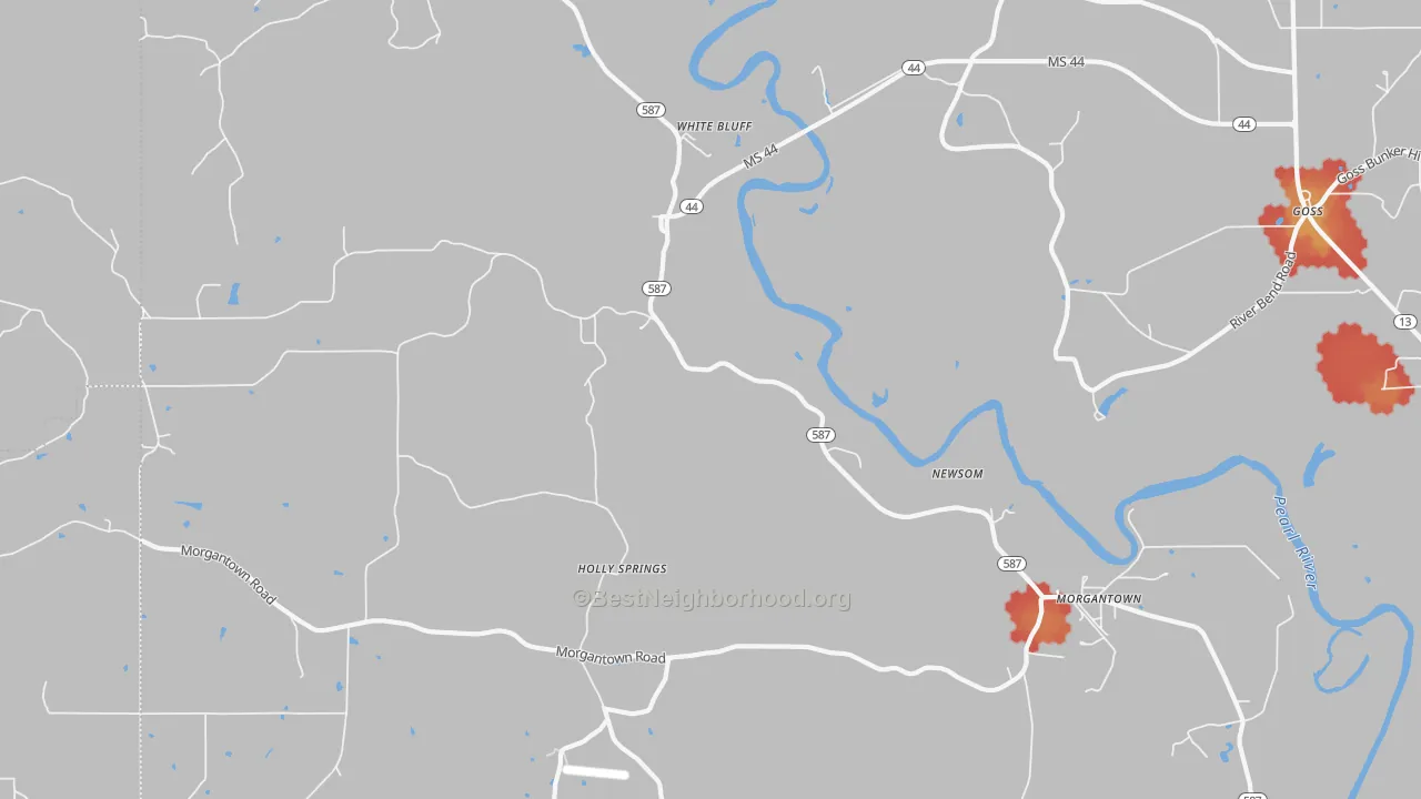 Walk Grade map of White Bluff, MS, walkable areas in green and car-dependent areas in red