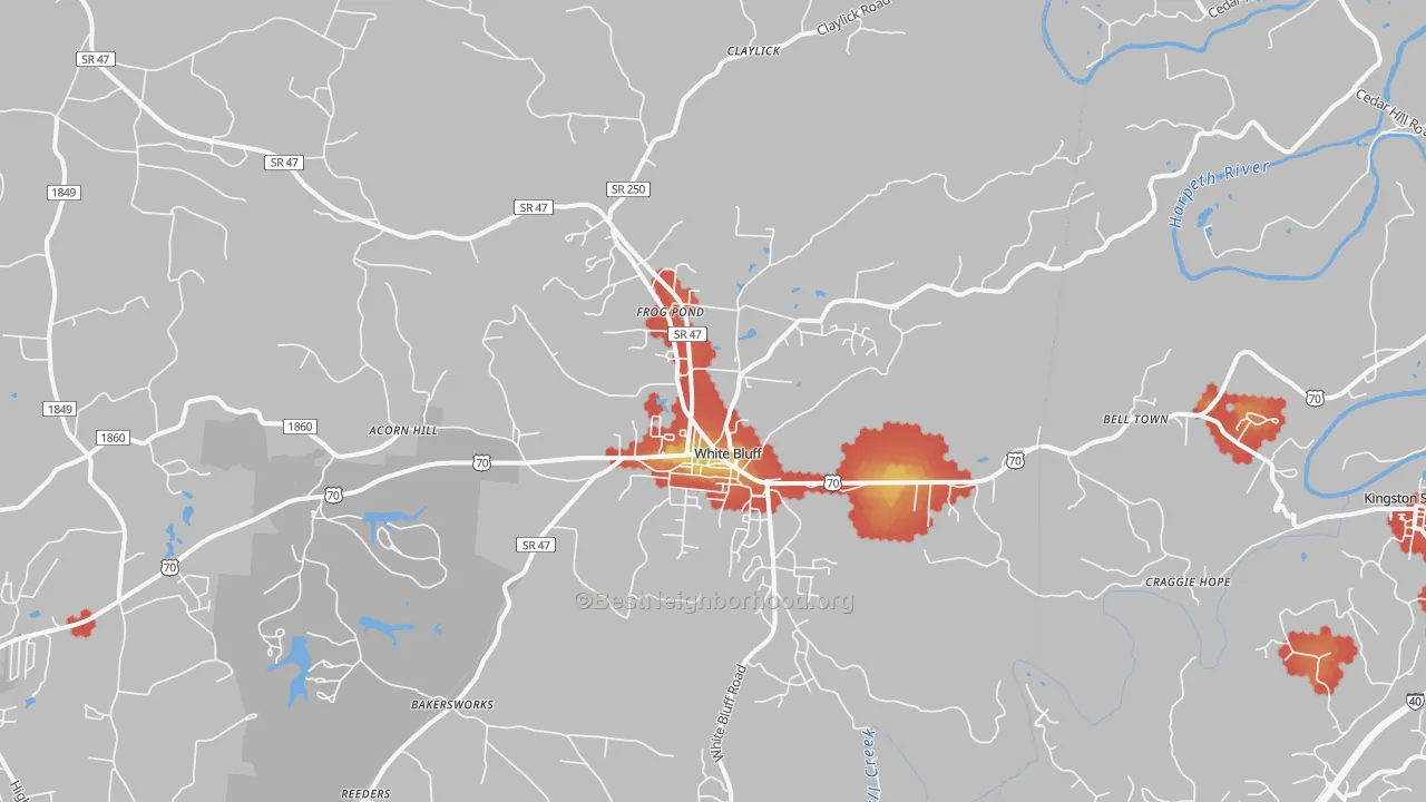 Walk Grade map of White Bluff, TN, walkable areas in green and car-dependent areas in red