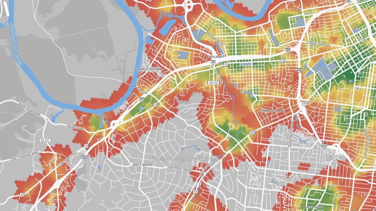 Walk Grade map of White Bridge, Nashville, TN, walkable areas in green and car-dependent areas in red